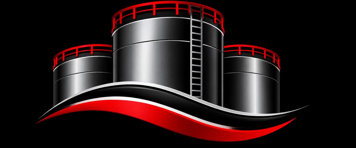 JB Riverline B.V. logo: three storage tanks with red railings above a black and red wave